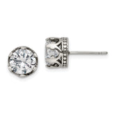 Chisel Stainless Steel Antiqued and Polished CZ Crown Post Earrings