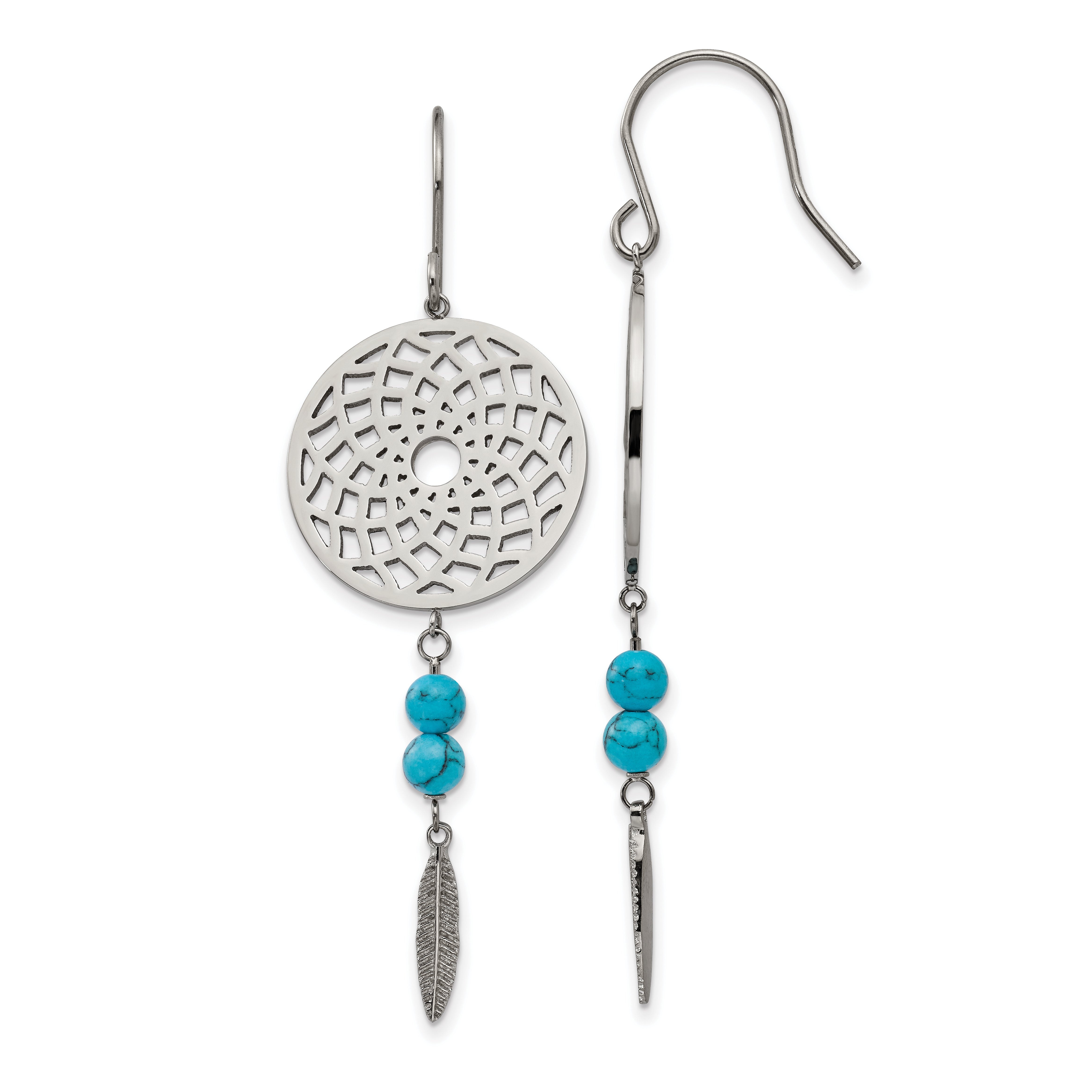 Stainless Steel Polished w/Imit.Turquoise Dreamcatcher Dangle Earrings