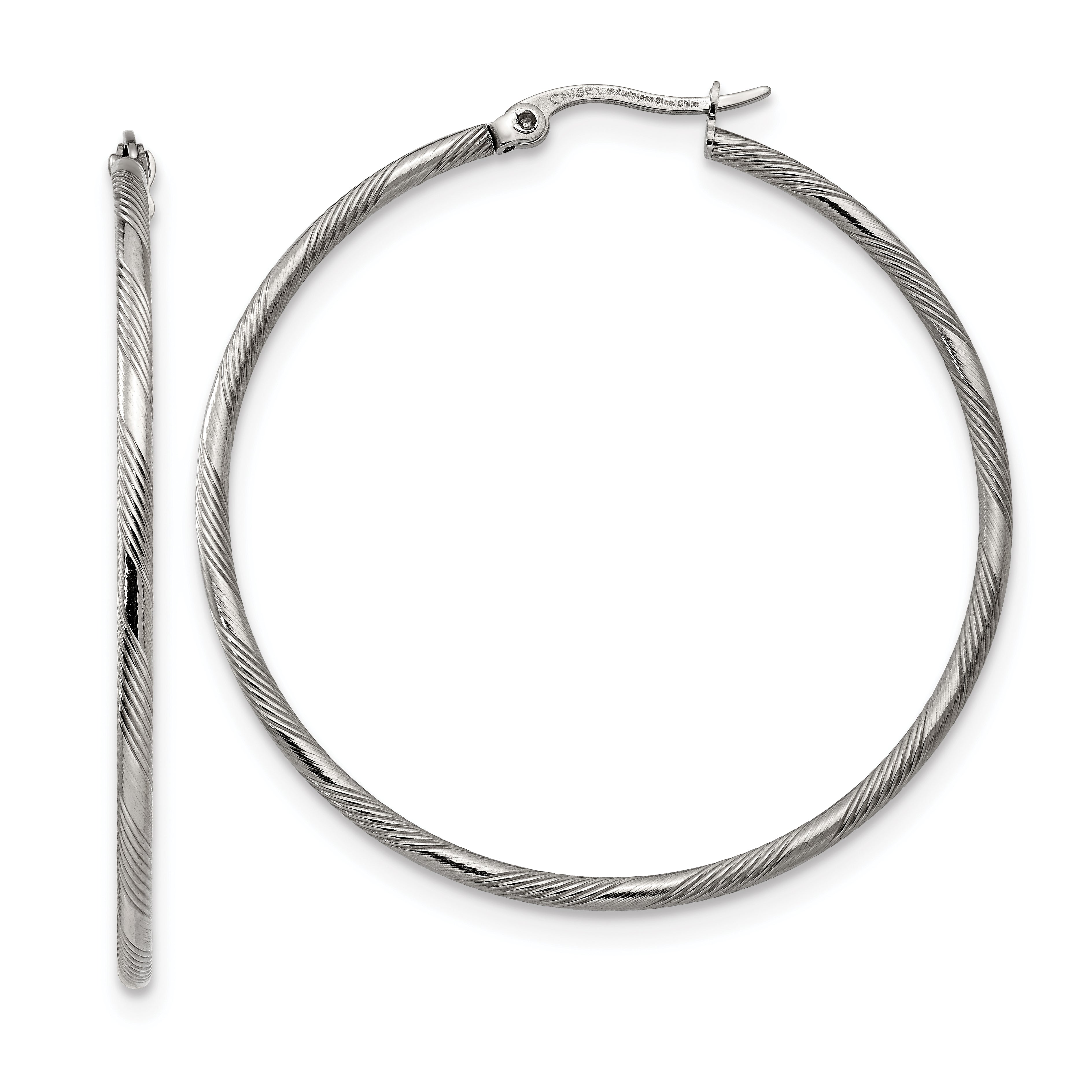 Chisel Stainless Steel Polished and Textured Hinged Hoop Earrings