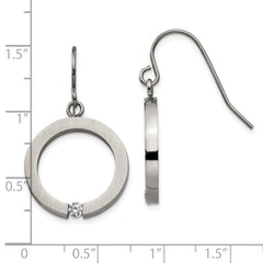 Stainless Steel Brushed and Polished w/CZ Circle Shepherd Hook Earrings