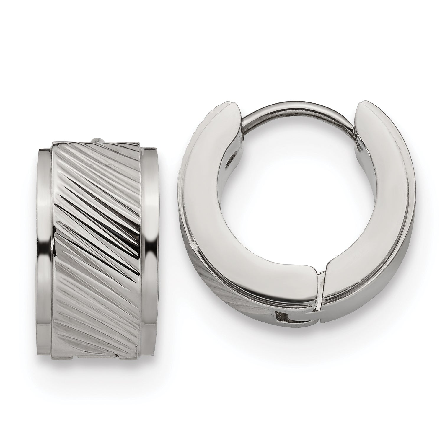 Chisel Stainless Steel Polished and Textured 7mm Hinged Hoop Earrings