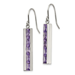 Stainless Steel Polished with Purple CZ Dangle Shepherd Hook Earrings
