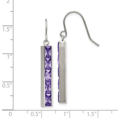 Stainless Steel Polished with Purple CZ Dangle Shepherd Hook Earrings