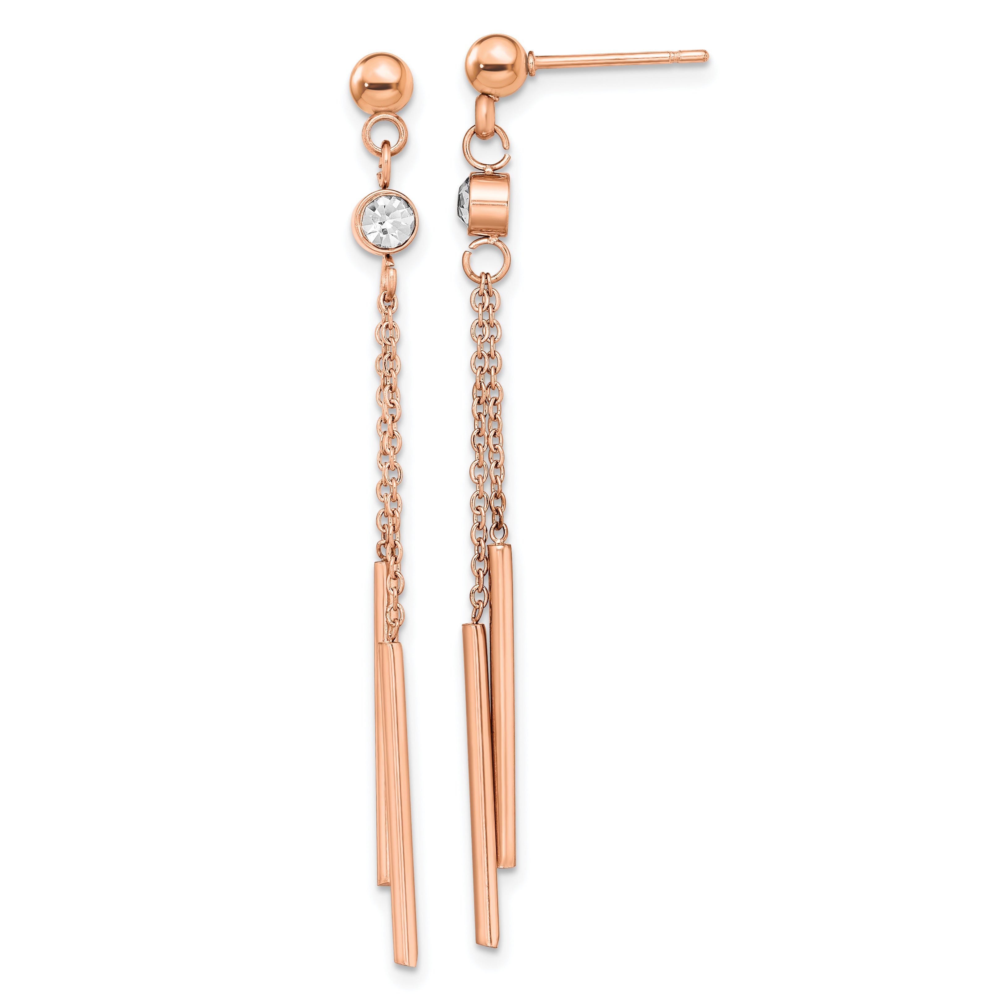 Chisel Stainless Steel Polished Rose IP-plated with Crystal Bar Post Dangle Earrings