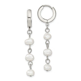 Chisel Stainless Steel Polished with Freshwater Cultured Pearl Dangle Hinged Hoop Earrings