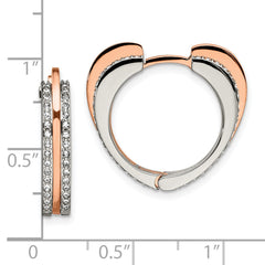 Chisel Stainless Steel Polished Rose IP-plated with Crystal Heart Hinged Hoop Earrings