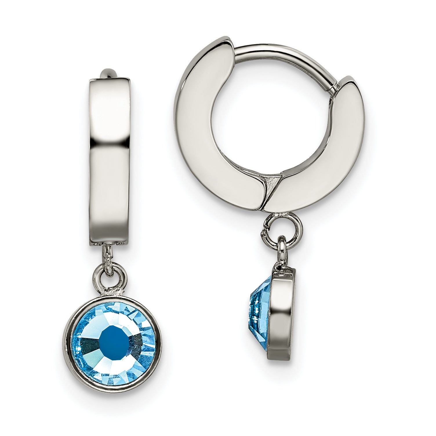 Chisel Stainless Steel Polished with Blue Preciosa Crystal Dangle Hinged Hoop Earring