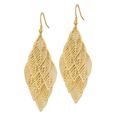 Chisel Stainless Steel Polished and Textured Yellow IP-plated Leaves Dangle Shepherd Hook Earrings