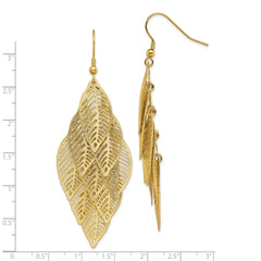 Chisel Stainless Steel Polished and Textured Yellow IP-plated Leaves Dangle Shepherd Hook Earrings