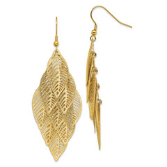 Chisel Stainless Steel Polished and Textured Yellow IP-plated Leaves Dangle Shepherd Hook Earrings