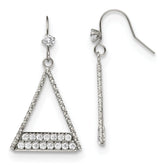 Stainless Steel Polished w/CZ Triangle Dangle Shepherd Hook Earrings