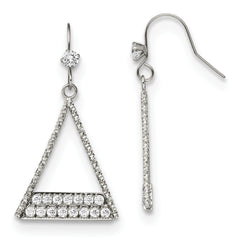 Stainless Steel Polished w/CZ Triangle Dangle Shepherd Hook Earrings