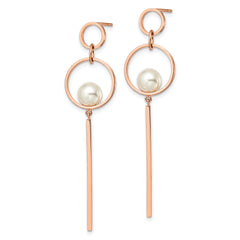 Chisel Stainless Steel Polished Rose IP-plated Simulated Pearl Post Dangle Earring