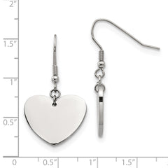 Chisel Stainless Steel Heart Dangle Earrings with Polished Engravable Finish