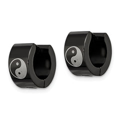 Chisel Stainless Steel Black Hoop Earrings with Yin Yang Design Unisex