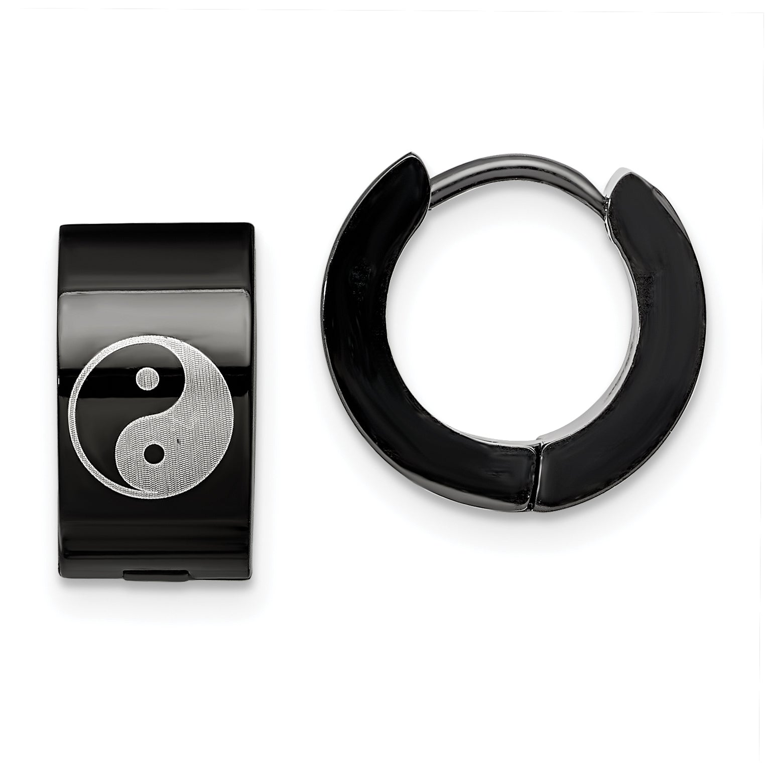 Chisel Stainless Steel Polished Black IP-plated 7mm Hinged Hoop w/Yin Yang Earrings
