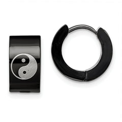 Chisel Stainless Steel Polished Black IP-plated 7mm Hinged Hoop w/Yin Yang Earrings