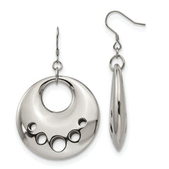 Stainless Steel Polished Circle Cut Out Dangle Shepherd Hook Earrings