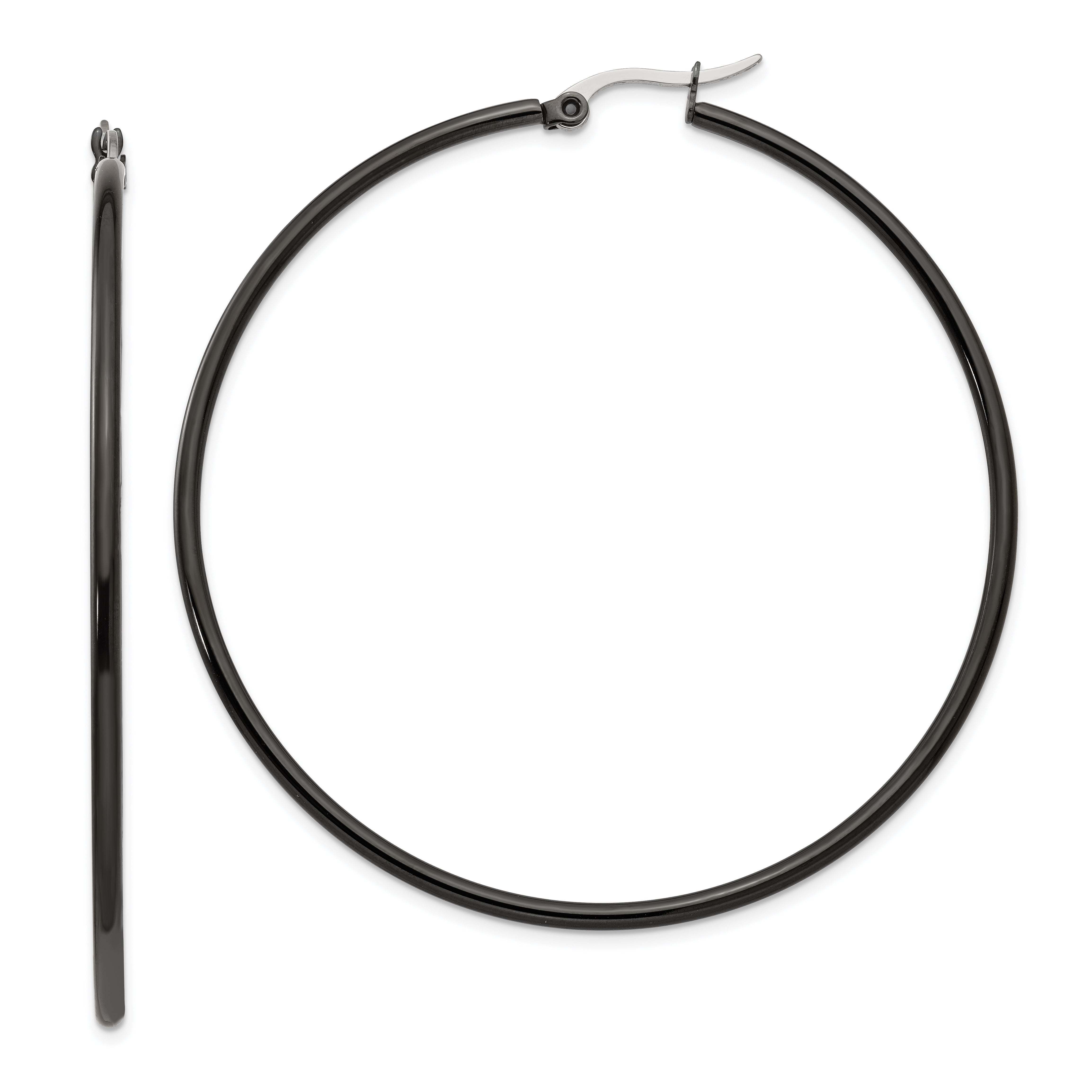 Chisel Stainless Steel Polished Black IP-plated 60mm Diameter 2mm Hoop Earrings