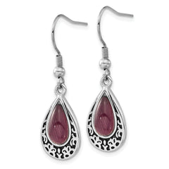 Stainless Steel Purple Cat's Eye Teardrop Earrings with Antiqued Finish