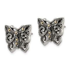 Stainless Steel Marcasite Butterfly Earrings with Polished Antiqued Finish