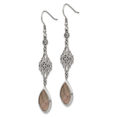 Stainless Steel Dangle Earrings with Black Mother of Pearl and CZ