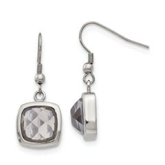 Chisel Stainless Steel Polished Square Grey Glass Dangle Shepherd Hook Earrings