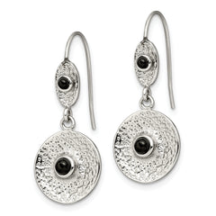 Stainless Steel Black Onyx Circle Earrings with Hammered Texture