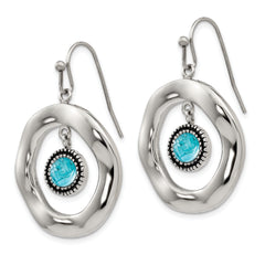 Stainless Steel Polished Drop Earrings with Blue Glass Accent