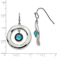 Stainless Steel Polished Drop Earrings with Blue Glass Accent