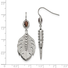 Stainless Steel Smoky Quartz Feather Earrings with Polished Finish