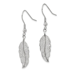 Sophia Jewelers Polished Stainless Steel CZ Leaf Dangle Earrings Gift Ready