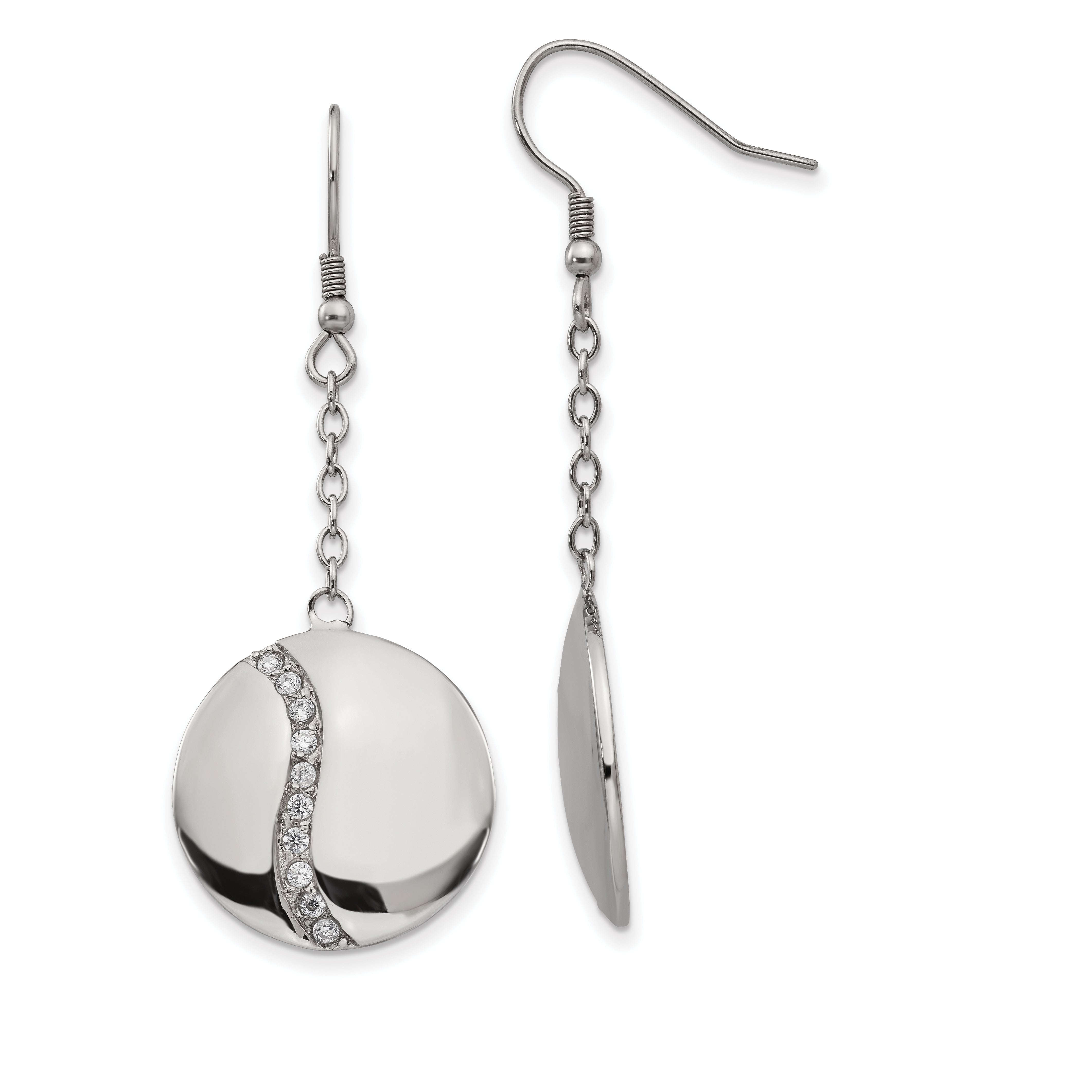 Stainless Steel Polished w/ CZ Dangle Shepherd Hook Earrings
