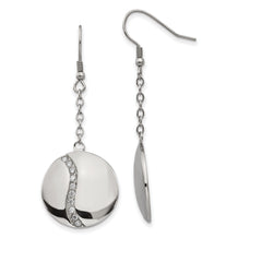 Stainless Steel Polished w/ CZ Dangle Shepherd Hook Earrings