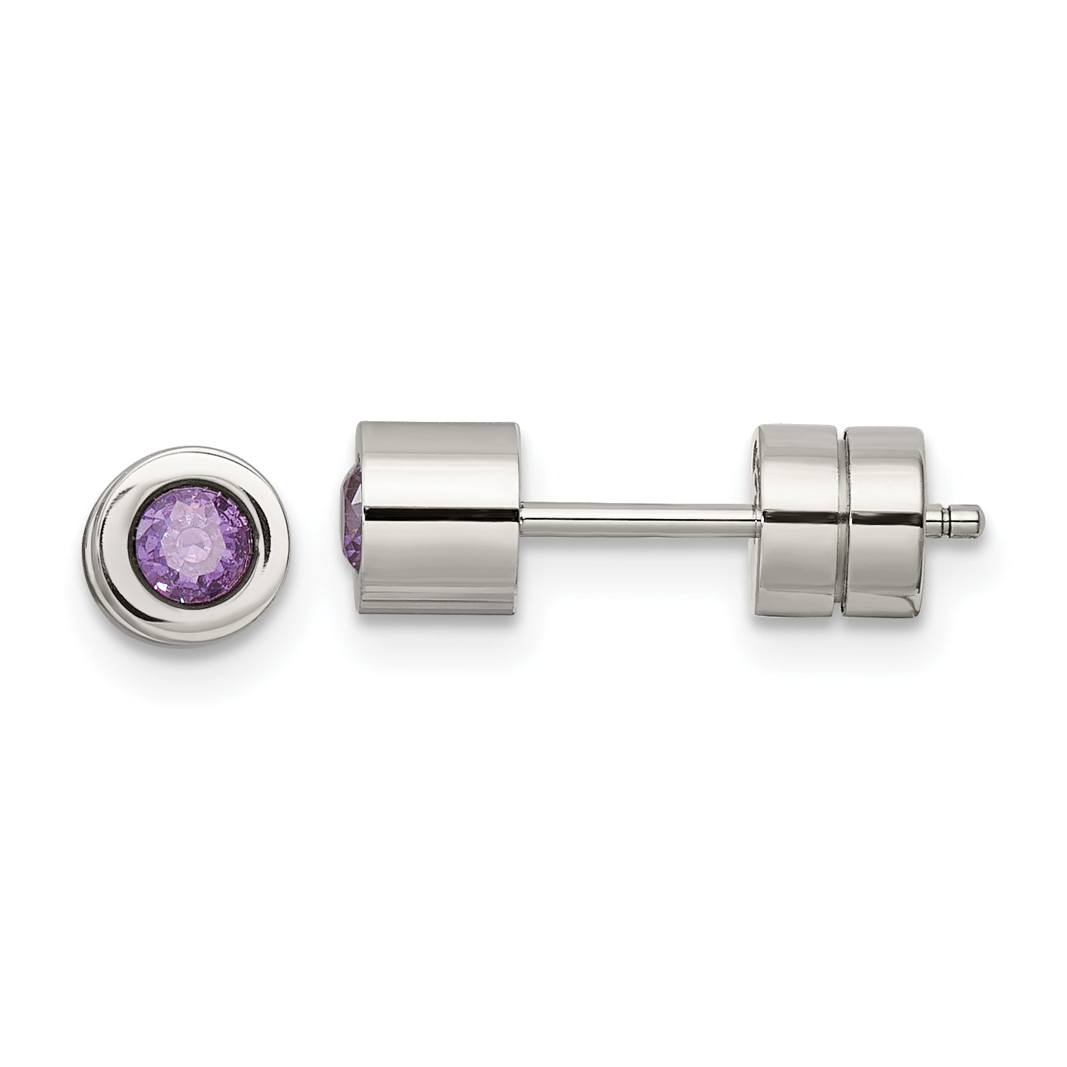 Chisel Stainless Steel Polished Purple CZ February Birthstone Post Earrings