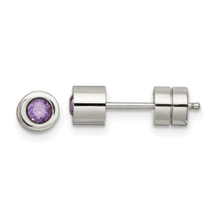 Chisel Stainless Steel Polished Purple CZ February Birthstone Post Earrings