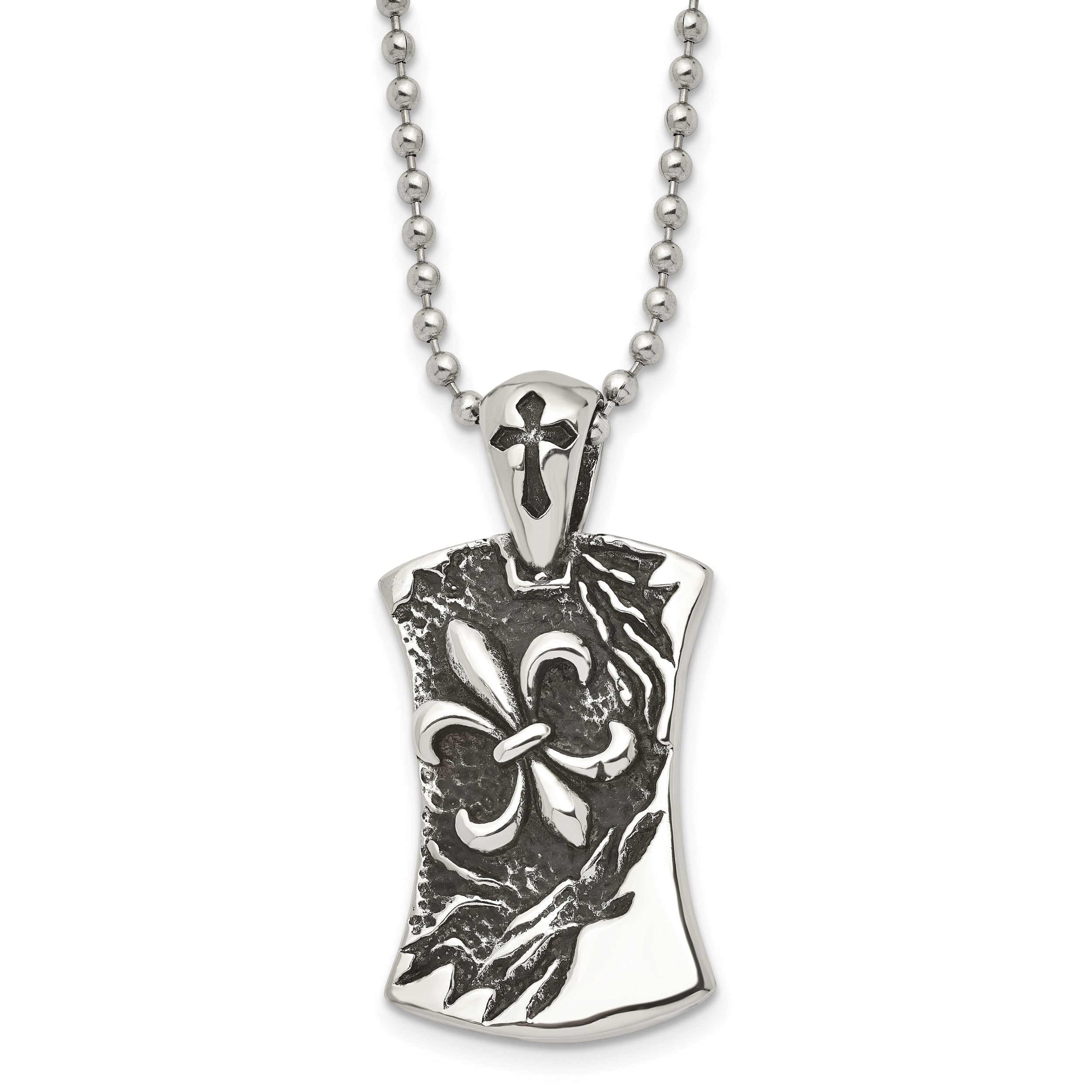 Chisel Stainless Steel Antiqued and Polished Fleur de lis Dog Tag on a 22 inch Ball Chain Necklace