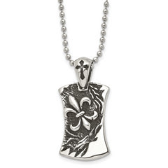 Chisel Stainless Steel Antiqued and Polished Fleur de lis Dog Tag on a 22 inch Ball Chain Necklace