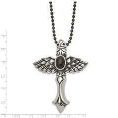 Stainless Steel Men's Necklace with Black Agate Winged Cross