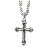 Chisel Stainless Steel Antiqued and Polished with Synthetic Black Agate Cross Pendant on a 24 inch Curb Chain Necklace
