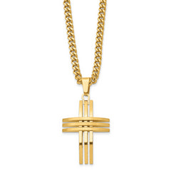 Stainless Steel Gold-Tone Men's Cross Pendant Necklace with Polished Finish