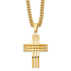 Chisel Stainless Steel Brushed and Polished Yellow IP-plated Cross Pendant on a 24 inch Curb Chain Necklace