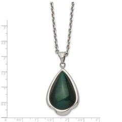 Stainless Steel Green Cat's Eye Teardrop Necklace 20in Polished Finish