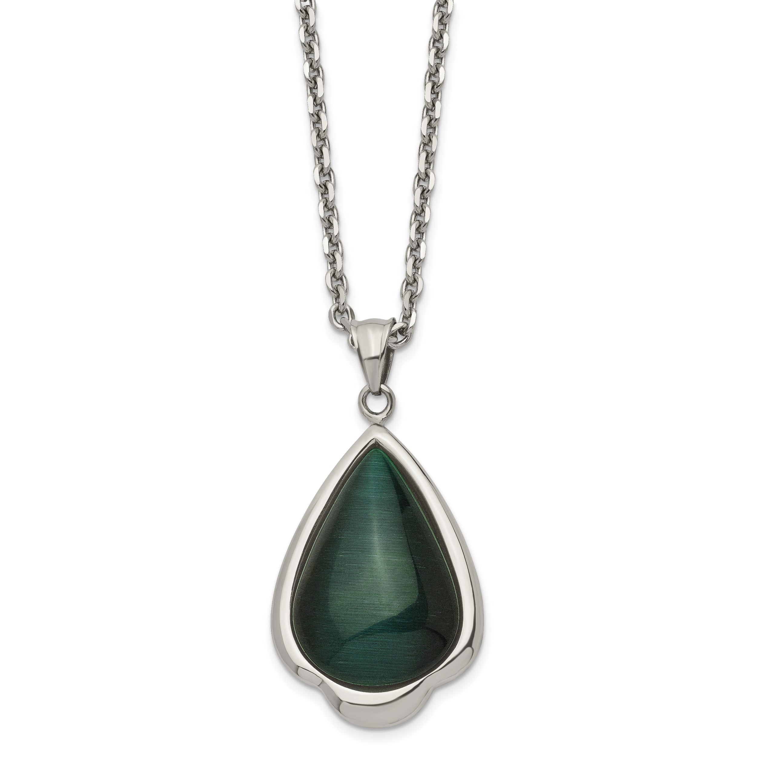 Stainless Steel Polished Synthetic Green Cats Eye Teardrop 20in Necklace