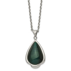 Stainless Steel Polished Synthetic Green Cats Eye Teardrop 20in Necklace