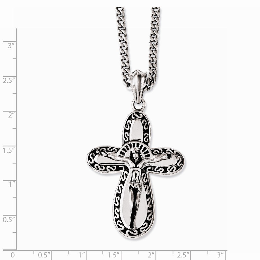Stainless Steel Antiqued & Polished Crucifix 24in Necklace