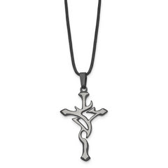 Men's Stainless Steel Cross Pendant Necklace with Black Leather Cord