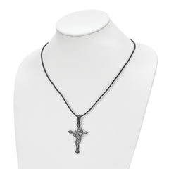 Men's Stainless Steel Cross Pendant Necklace with Black Leather Cord