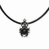 Antiqued Stainless Steel Crown Necklace with Black Glass Pendant - 18