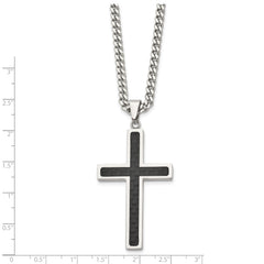 Stainless Steel Cross Pendant with Polished Black Carbon Fiber Inlay Necklace